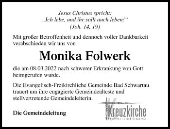 Traueranzeige von Monika Folwerk von Lübecker Nachrichten