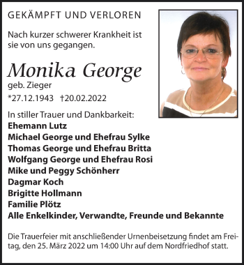 Traueranzeige von Monika George von Leipziger Volkszeitung
