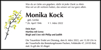 Traueranzeige von Monika Kock von Kieler Nachrichten