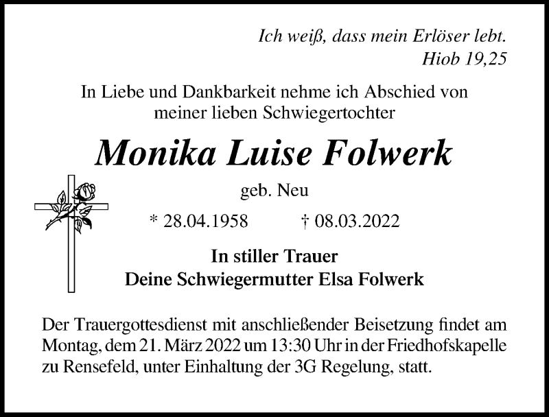  Traueranzeige für Monika Luise Folwerk vom 13.03.2022 aus Lübecker Nachrichten
