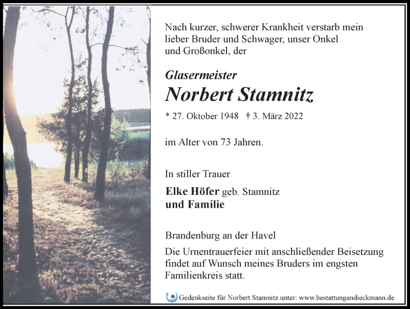  Traueranzeige für Norbert Stamnitz vom 12.03.2022 aus Märkischen Allgemeine Zeitung