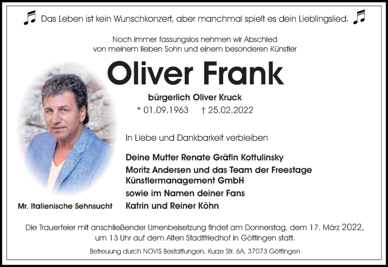  Traueranzeige für Oliver Frank vom 12.03.2022 aus Göttinger Tageblatt