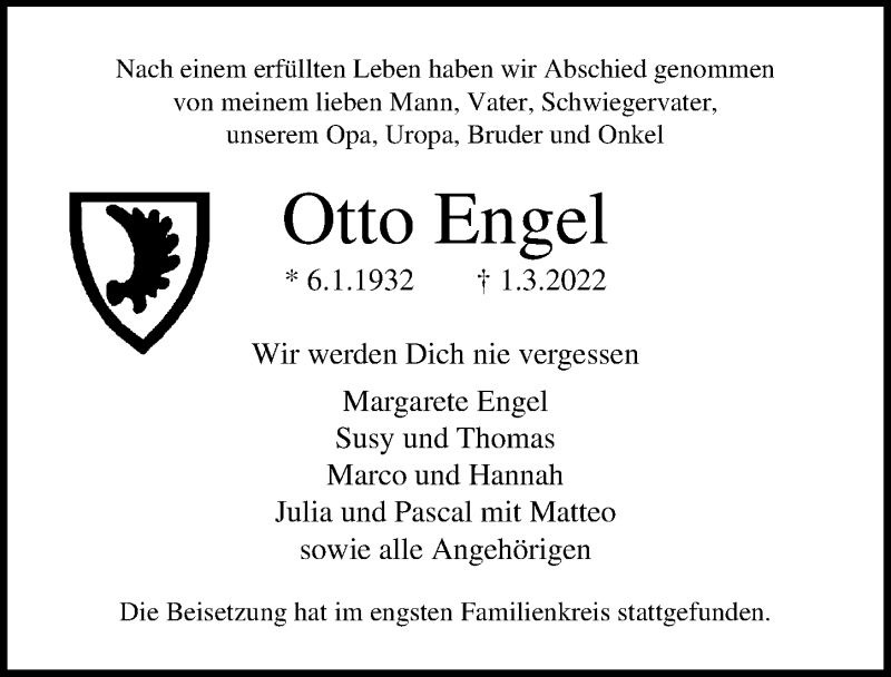  Traueranzeige für Otto Engel vom 20.03.2022 aus Lübecker Nachrichten