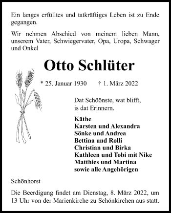 Traueranzeige von Otto Schlüter von Kieler Nachrichten