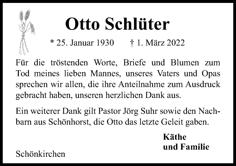  Traueranzeige für Otto Schlüter vom 26.03.2022 aus Kieler Nachrichten