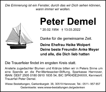 Traueranzeige von Peter Demel von Hannoversche Allgemeine Zeitung/Neue Presse