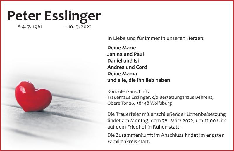  Traueranzeige für Peter Esslinger vom 19.03.2022 aus Aller Zeitung