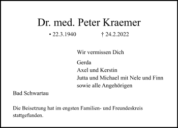 Traueranzeige von Peter Kraemer von Lübecker Nachrichten