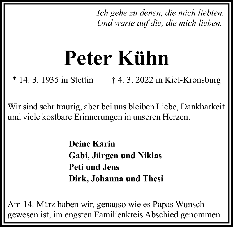  Traueranzeige für Peter Kühn vom 19.03.2022 aus Kieler Nachrichten