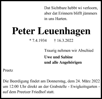 Traueranzeige von Peter Leuenhagen von Kieler Nachrichten