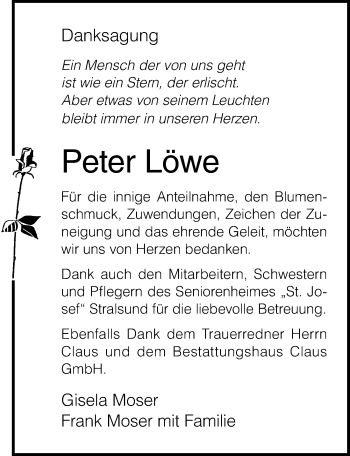 Traueranzeige von Peter Löwe von Ostsee-Zeitung GmbH