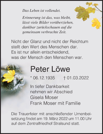 Traueranzeige von Peter Löwe von Ostsee-Zeitung GmbH