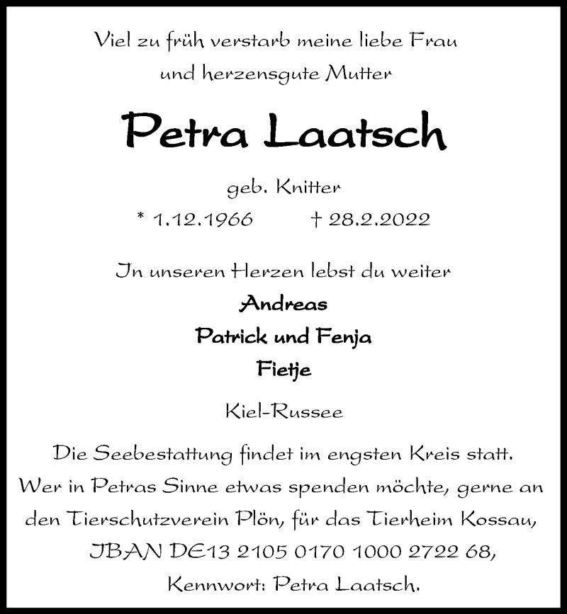  Traueranzeige für Petra Laatsch vom 05.03.2022 aus Kieler Nachrichten