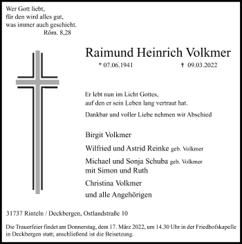 Traueranzeige von Raimund Heinrich Volkmer von Schaumburger Nachrichten