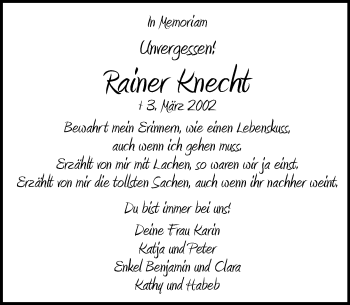 Traueranzeige von Rainer Knecht von Schaumburger Nachrichten