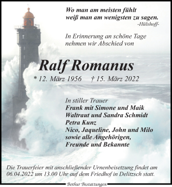 Traueranzeige von Ralf Romanus von Leipziger Volkszeitung