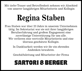 Traueranzeige von Regina Staben von Kieler Nachrichten