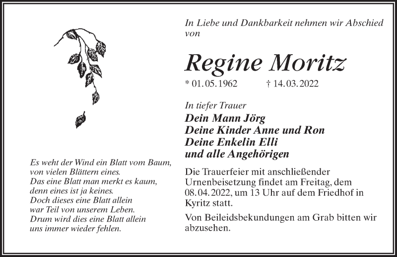  Traueranzeige für Regine Moritz vom 26.03.2022 aus Märkischen Allgemeine Zeitung
