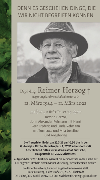 Traueranzeige von Reimer Herzog von Kieler Nachrichten