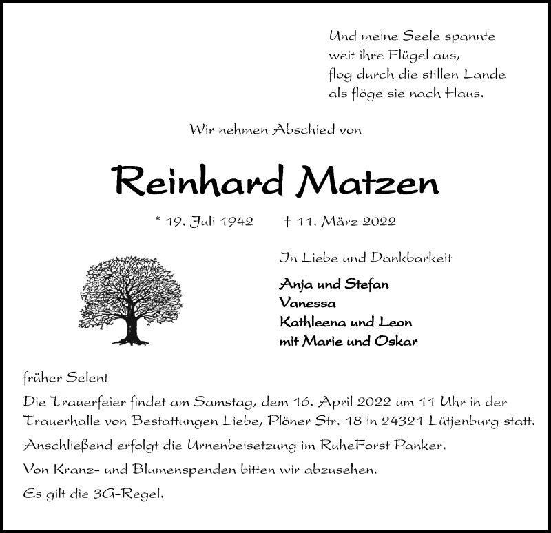  Traueranzeige für Reinhard Matzen vom 19.03.2022 aus Kieler Nachrichten