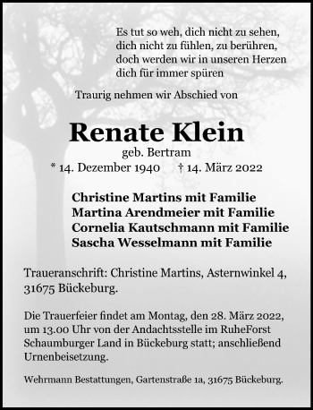 Traueranzeige von Renate Klein von Schaumburger Nachrichten