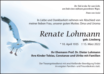Traueranzeige von Renate Lohmann von Leipziger Volkszeitung