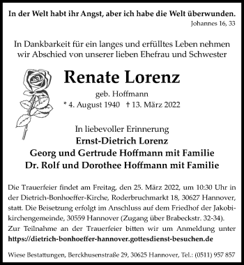 Traueranzeige von Renate Lorenz von Hannoversche Allgemeine Zeitung/Neue Presse
