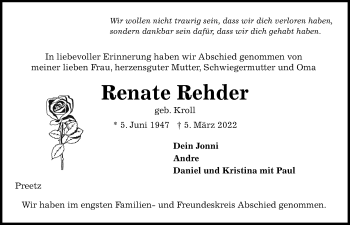 Traueranzeige von Renate Rehder von Kieler Nachrichten