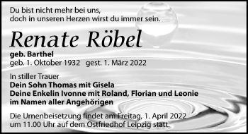 Traueranzeige von Renate Röbel von Leipziger Volkszeitung