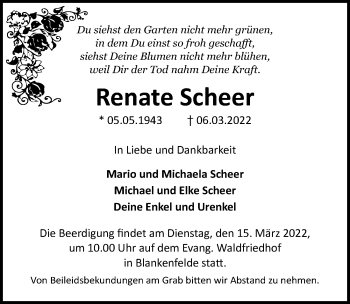 Traueranzeige von Renate Scheer von Märkischen Allgemeine Zeitung
