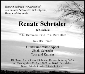 Traueranzeige von Renate Schröder von Ostsee-Zeitung GmbH