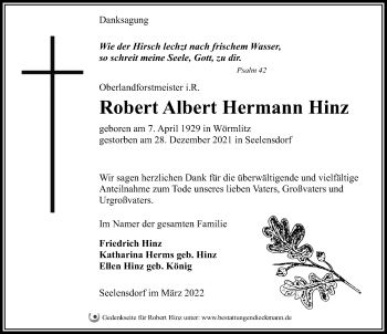 Traueranzeige von Robert Albert Hermann Hinz von Märkischen Allgemeine Zeitung