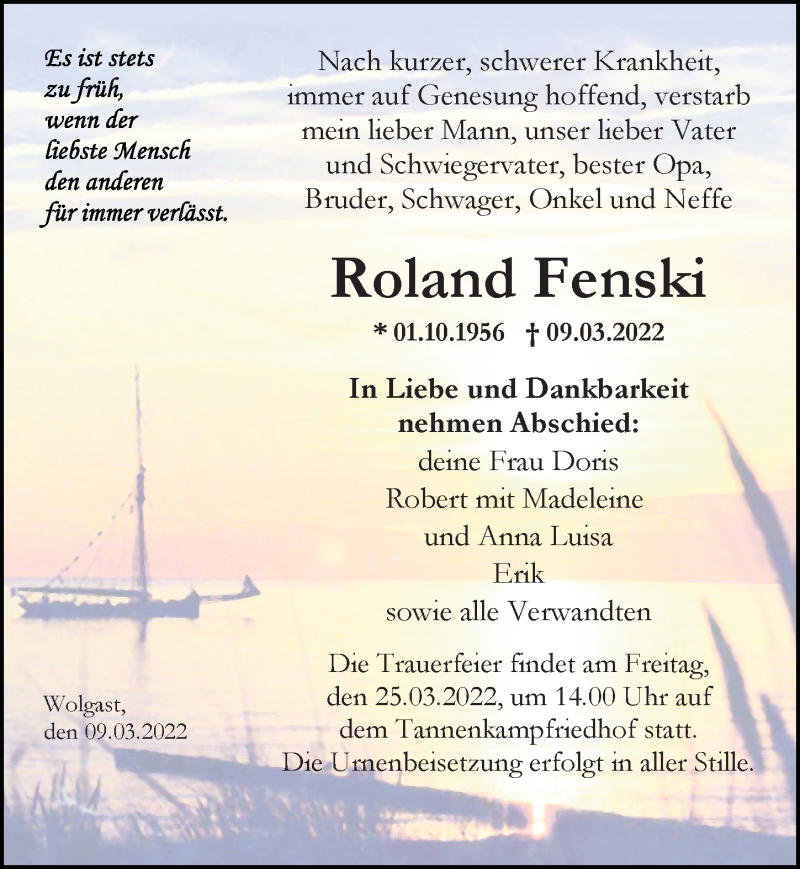  Traueranzeige für Roland Fenski vom 12.03.2022 aus Ostsee-Zeitung GmbH