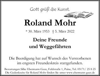 Traueranzeige von Roland Mohr von Peiner Allgemeine Zeitung
