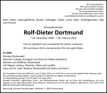 Traueranzeige von Rolf-Dieter Dortmund von Hannoversche Allgemeine Zeitung/Neue Presse