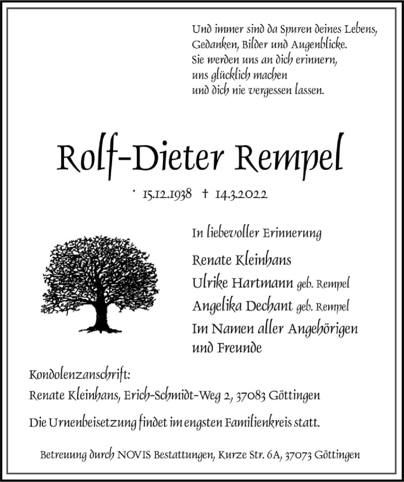  Traueranzeige für Rolf-Dieter Rempel vom 26.03.2022 aus Göttinger Tageblatt