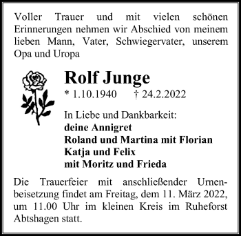 Traueranzeige von Rolf Junge von Ostsee-Zeitung GmbH