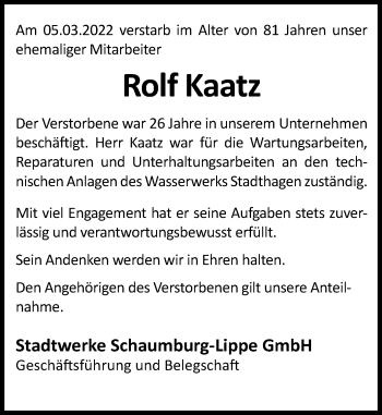 Traueranzeige von Rolf Kaatz von Schaumburger Nachrichten
