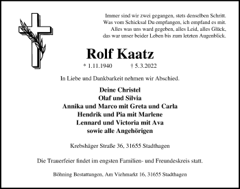 Traueranzeige von Rolf Kaatz von Schaumburger Nachrichten