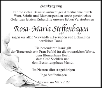Traueranzeige von Rosa-Maria Steffenhagen von Märkischen Allgemeine Zeitung