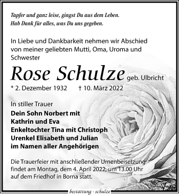 Traueranzeige von Rose Schulze von Leipziger Volkszeitung