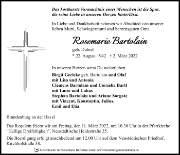 Traueranzeige von Rosemarie Bartolain von Märkischen Allgemeine Zeitung