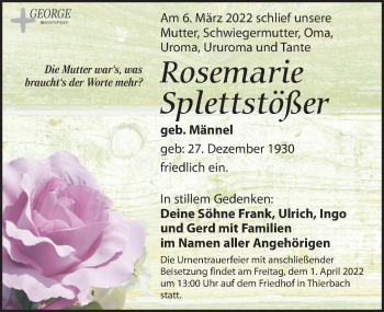 Traueranzeige von Rosemarie Splettstößer von Leipziger Volkszeitung