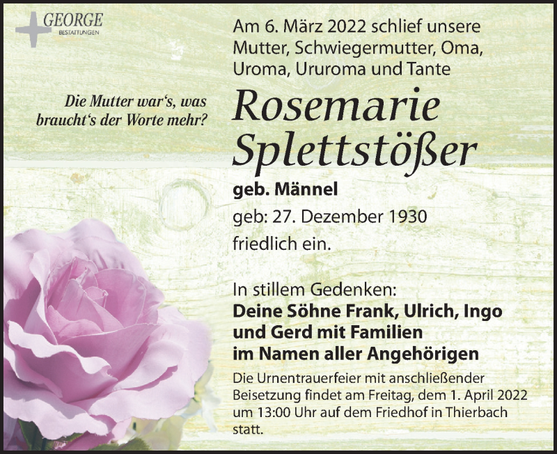  Traueranzeige für Rosemarie Splettstößer vom 19.03.2022 aus Leipziger Volkszeitung