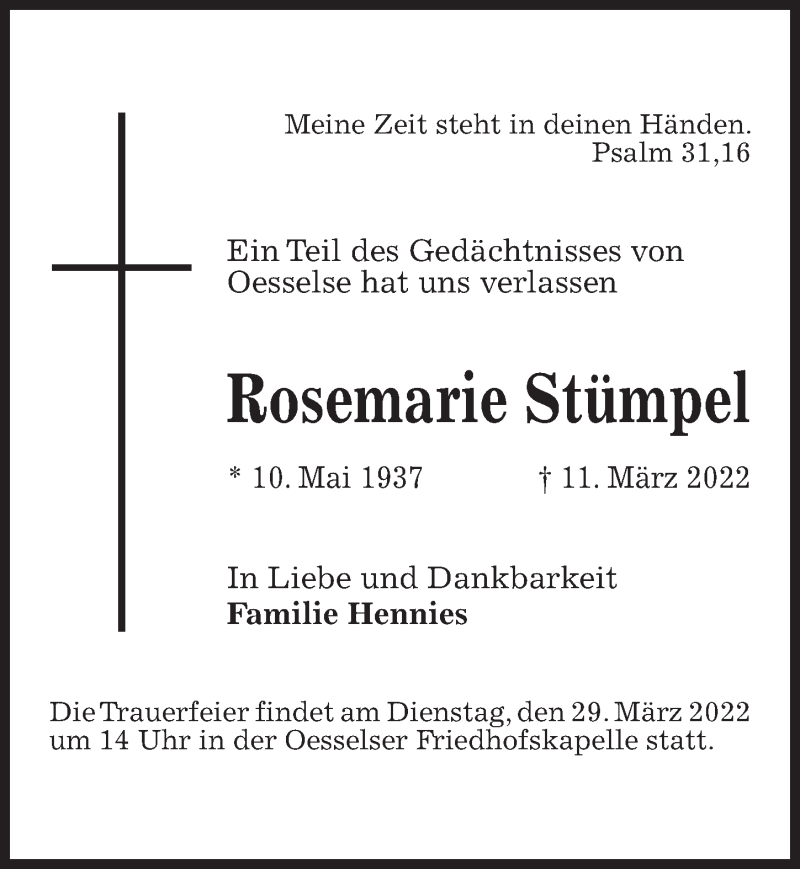  Traueranzeige für Rosemarie Stümpel vom 26.03.2022 aus Hannoversche Allgemeine Zeitung/Neue Presse