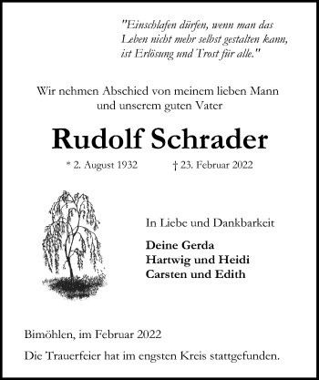 Traueranzeige von Rudolf Schrader von Kieler Nachrichten