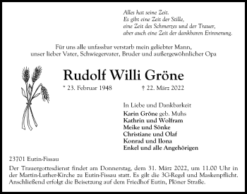 Traueranzeige von Rudolf Willi Gröne von Lübecker Nachrichten
