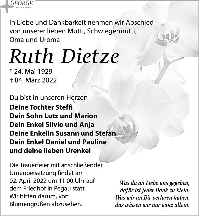  Traueranzeige für Ruth Dietze vom 26.03.2022 aus Leipziger Volkszeitung