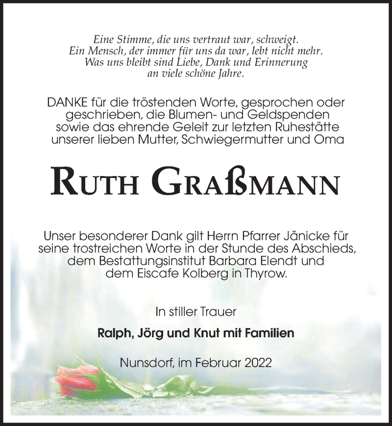  Traueranzeige für Ruth Graßmann vom 05.03.2022 aus Märkischen Allgemeine Zeitung