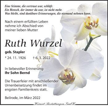 Traueranzeige von Ruth Wurzel von Torgauer Zeitung